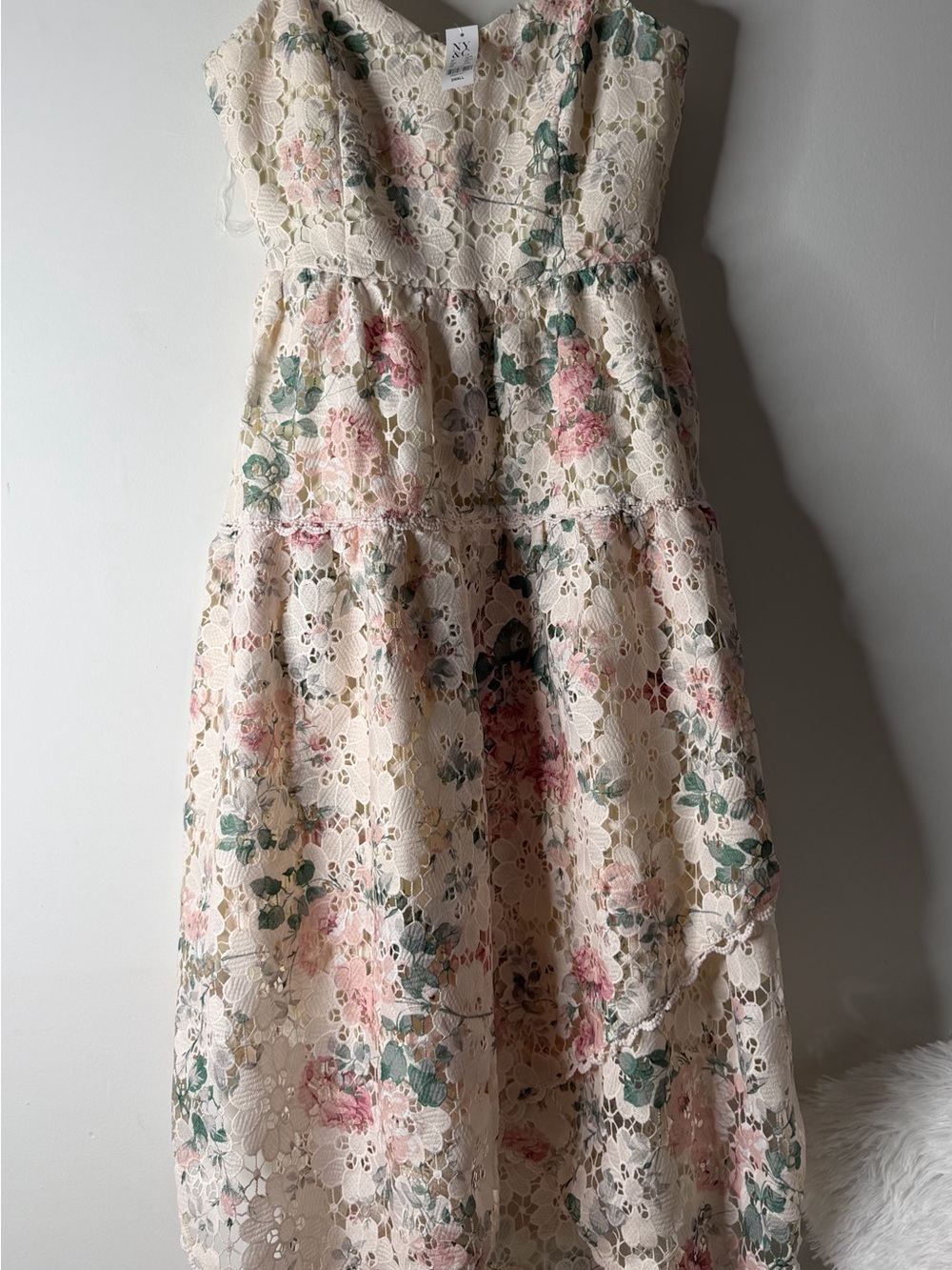 New York & Company Cream Floral Lace Tiered Dress with Pink and Green Accents